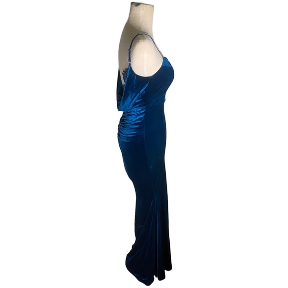 Navy Blue Stretch Velvet Floor Length Dress | Rhinestone Straps & Lace Back - Picture 2 of 5